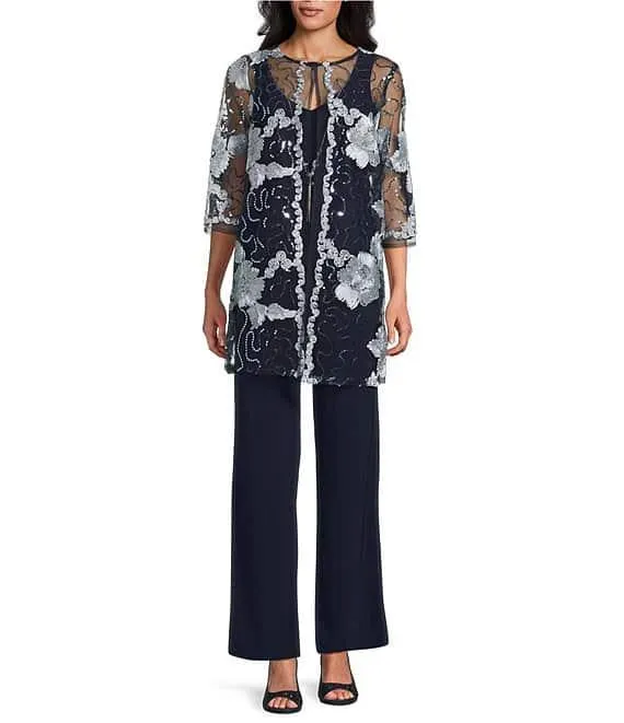3/4 Sleeve V-Neck Embroidered Soutache Sequin Jacket 3-Piece Pant Set
