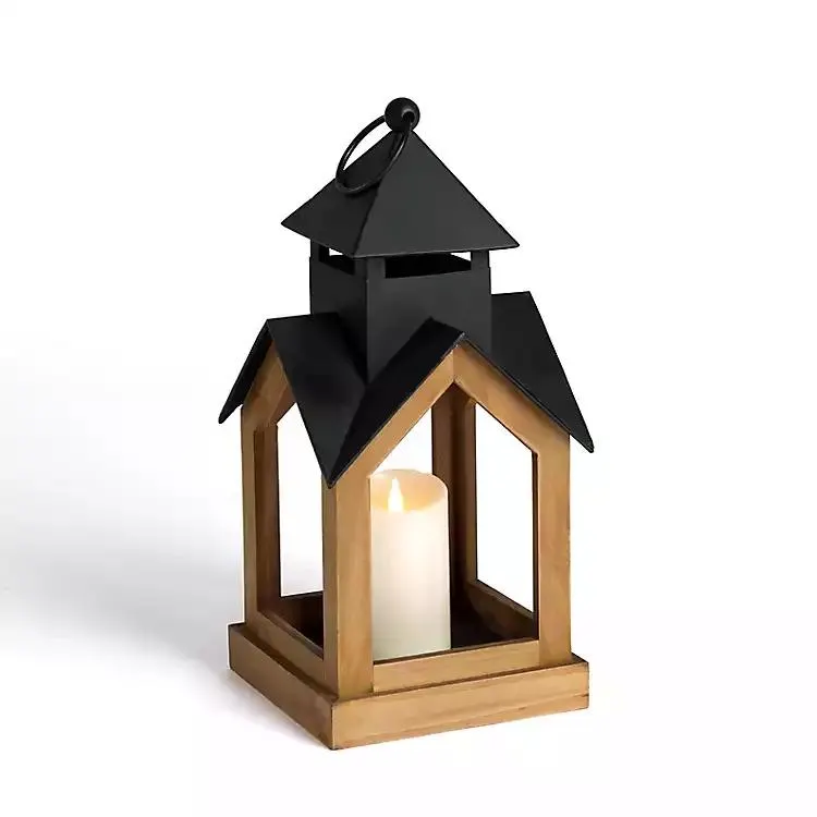 Black Metal & Natural Wood Steeple Lantern, 17 in.