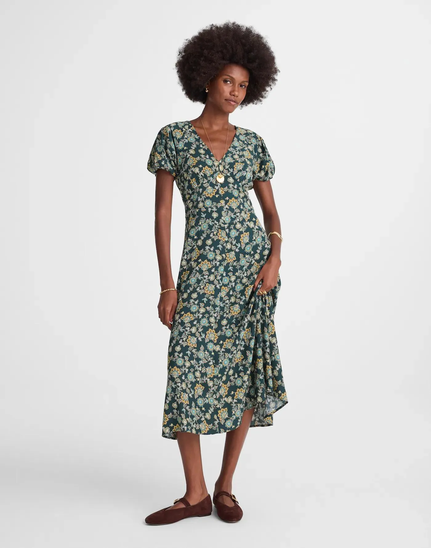 Seamed Puff-Sleeve Midi Dress in Floral