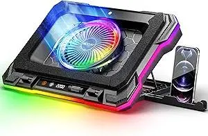 MOOJAY Laptop Cooling Pad Powerful Turbo Fan RGB Gaming Notebook Cooler, Laptop Fan Cooling Stand with 8 Adjustable Heights and Phone Holder, for 14-19 Inch Laptops - Colored LED Light