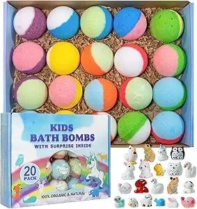 Bath Bomb Gift Set with Toys Inside, 20 Pack Organic Bath Bombs for Kids, Kids Safe Handmade Fizzy Balls for Kid, Ideal Birthday Easter Gift for Boys & Girls