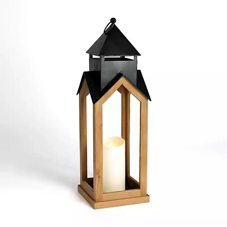 Black Metal & Natural Wood Steeple Lantern, 30 in.