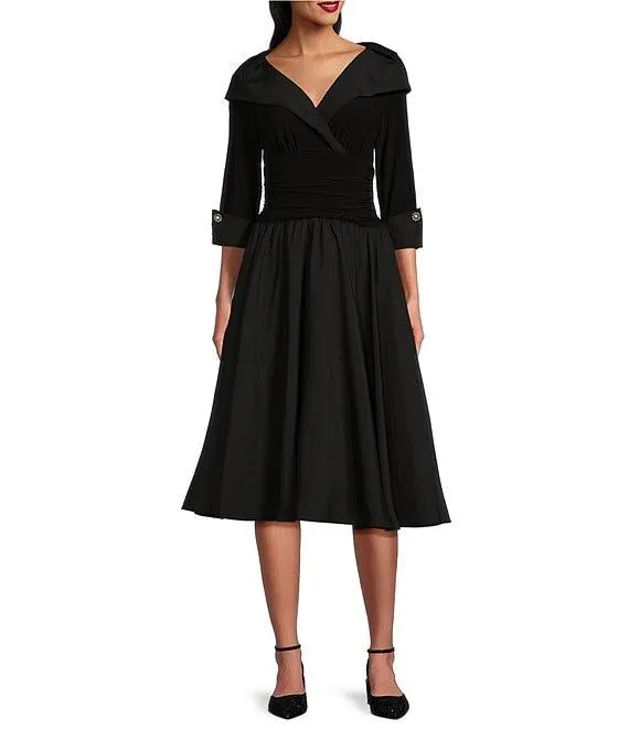 Jersey Taffeta 3/4 Sleeve Portrait Collar Ruched A-Line Midi Dress