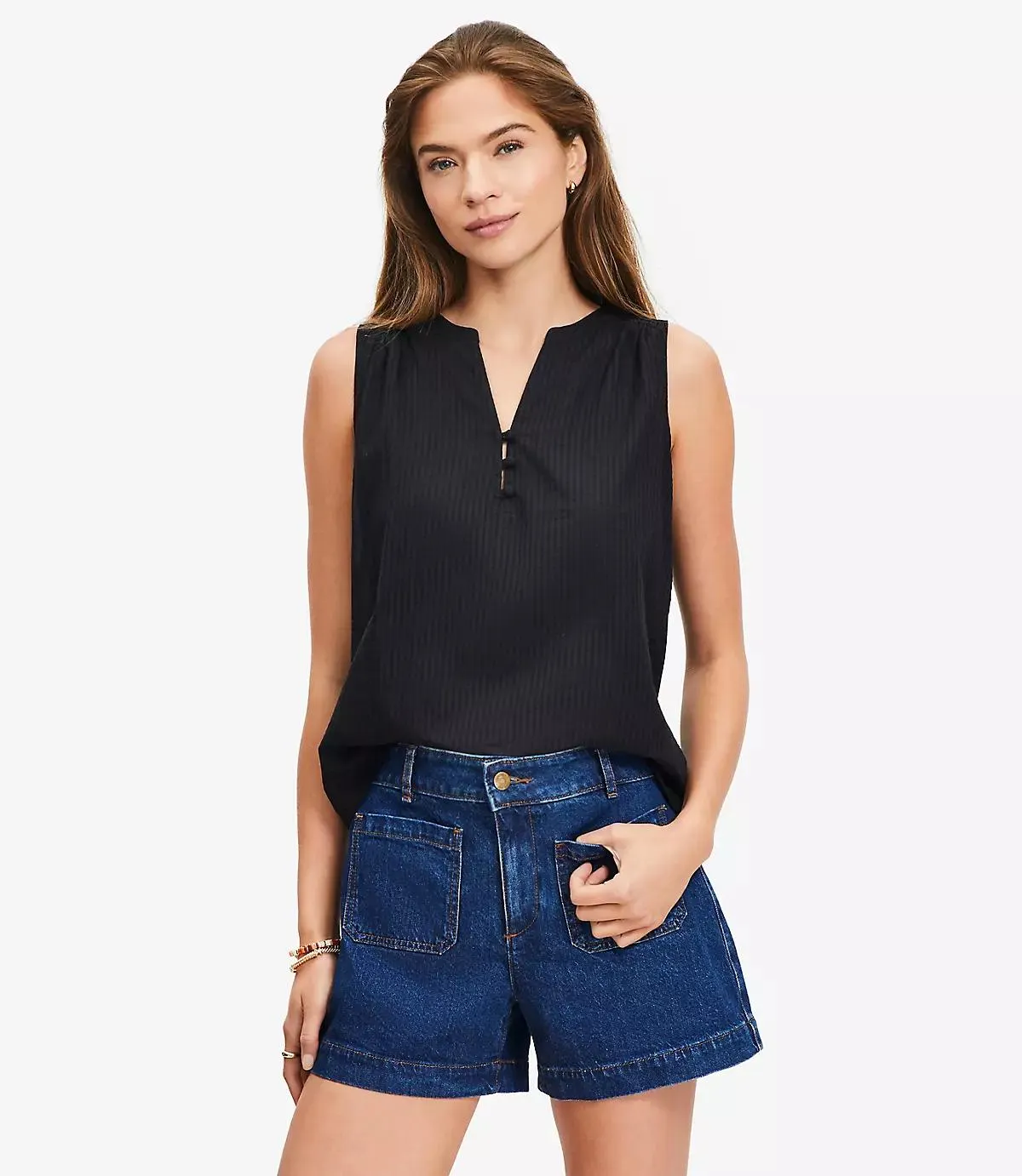 Checked Lace Trim Mixed Media Shell