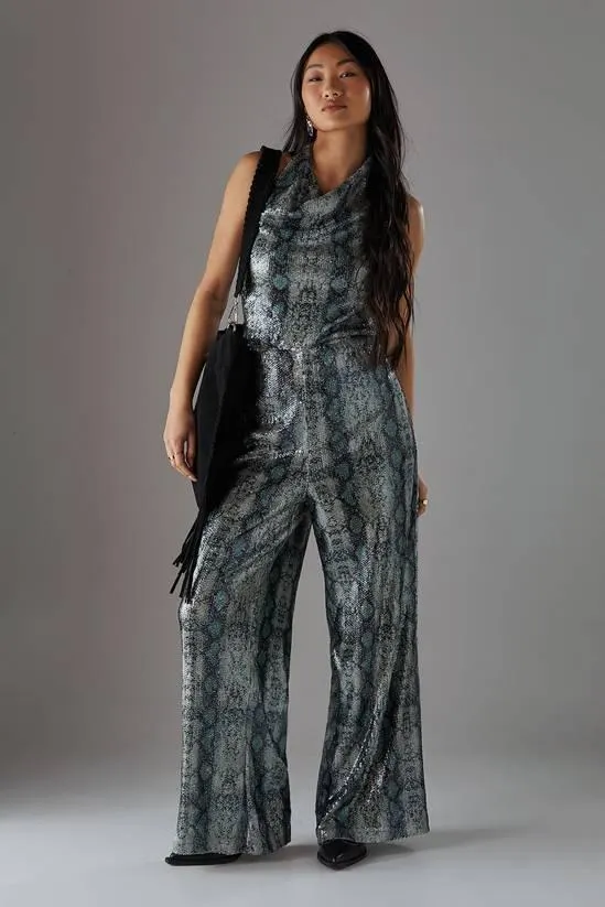 Petite Snake Sequin Cowl Neck Drop Waist Jumpsuit