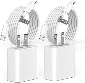 iPhone 16 15 Charger Fast Charging 10 FT, 2 Pack 20W USB C Wall Charger Block with 10FT Long Type C to C Charging Cable for iPhone 16/16 Plus/16 Pro/16 Pro Max/15/15 Pro/15 Pro Max/15 Plus