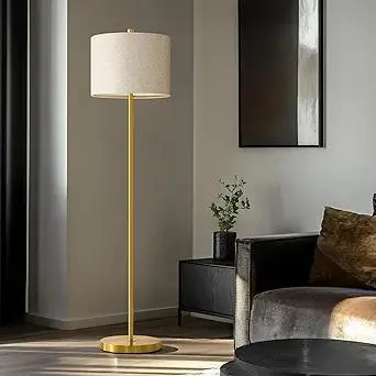 Oneach 61” Modern Floor Lamp for Living Room, Gold Standing Lamp with Natural Linen Lampshade, Rustic Industrial Corner Floor Lamp with Rotary Switch for Bedroom, Study Room, Dining Room