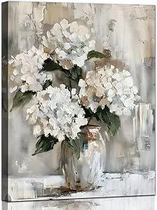 YRYWAWA White Hydrangea Bathroom Wall Art Canvas Print 12x15 Inches Retro Farmhouse Style Floral Artwork for Bedroom Living Room Office Decor