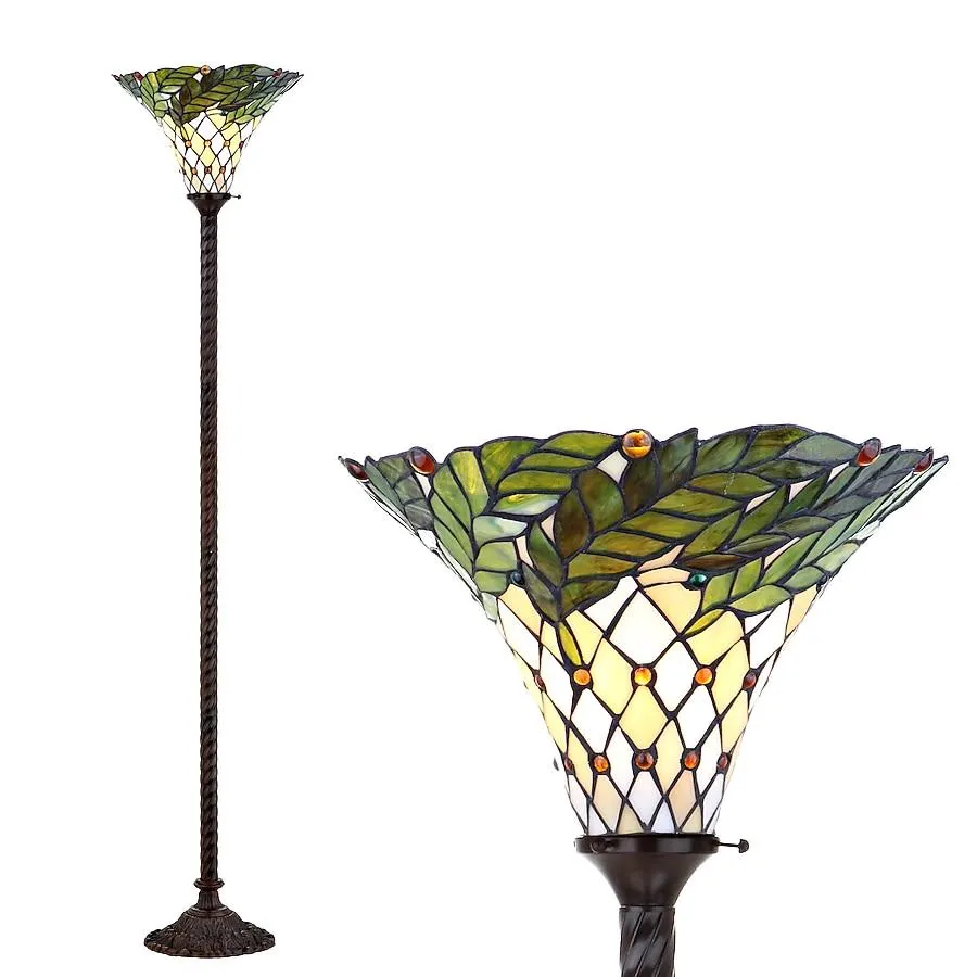 JONATHAN Y Botanical Tiffany-Style Stained Glass/Iron Traditional 71-in Bronze Torchiere Floor Lamp with Glass Shade