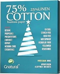 75% Cotton 25% Linen Paper, 85gsm Inkjet Printing Paper, 8.5"x11" White Color Resume Paper,100 Sheets Won't Get Wet Cotton Paper