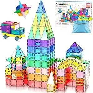 PicassoTiles 101 PCs Magnetic Tiles Building Blocks with Car & Drawstring Carry Bag Toy Storage Magnet Block for Toddlers Kids STEM Toy Set Educational Tile Learning Brain Development Ages 3+ PC101