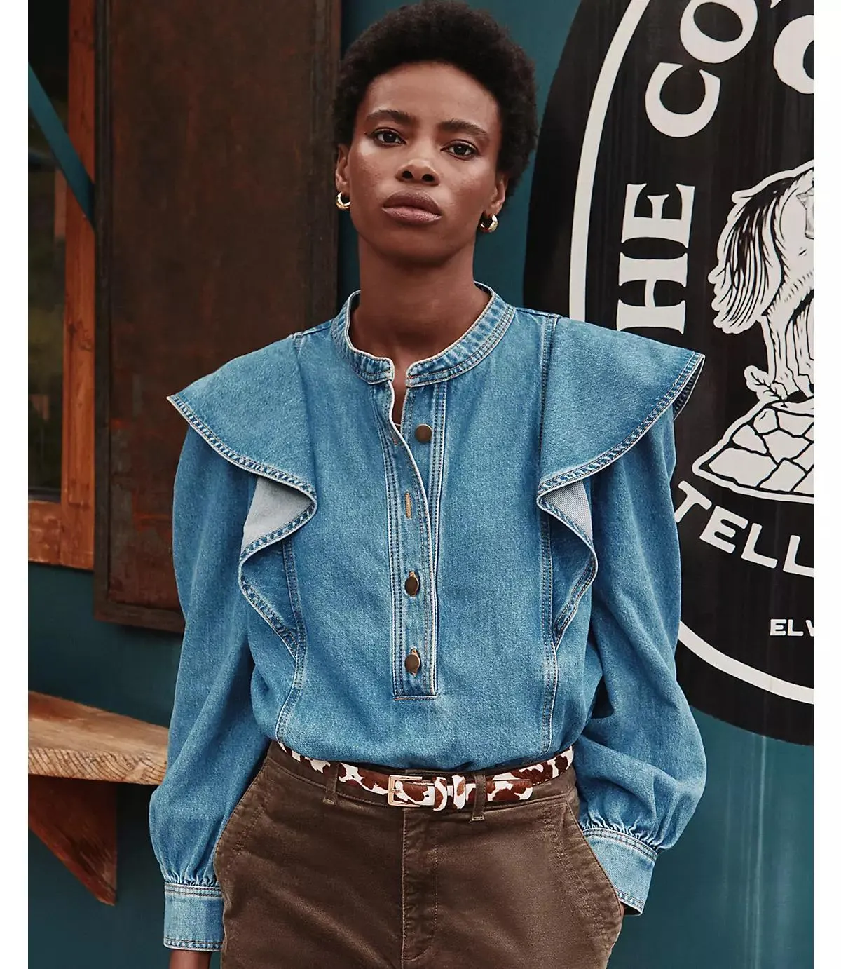 Ruffle Denim Shirt in Light Wash