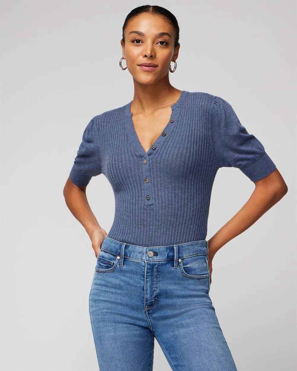Elbow Sleeve Cashmere Blend Puff Henley Sweater