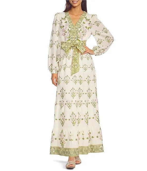 Floral Printed Long Sleeve V-Neck Self Tie Maxi Dress