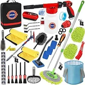 56Pcs Car Wash Cleaning Kit with Foam Gun, Car Wash Brush with Long Handle, Car Detailing Kit, Car Wheel Brush for Car Cleaning Supplies, Adjustable Hose Wash Sprayer-Quick Connector to Any Hose