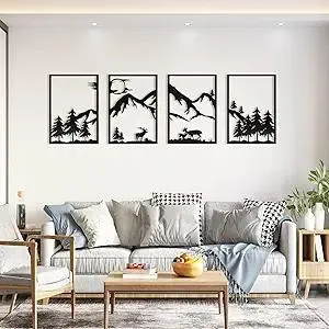 LONGKING 4 Pack Metal Wall Art, Mountain Iron Wall Sculpture, Art Wall Décor for Office, Dining Room, Living Room, Bedroom (Black, 17 x 12 in)