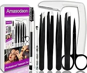 Tweezers Set [9+1 PCS] - Professional Stainless Steel Tweezers for Eyebrows – High-Precision Beauty Tools for Eyebrows, Facial Hair, Splinter & Ingrown Hair Removal