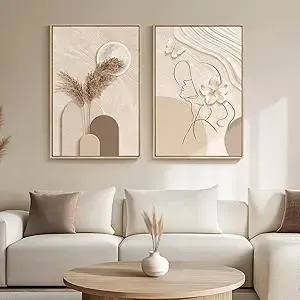 Large Framed Neutral Abstract Wall Art for Living Room, 2 Piece Tan and Cream Beige Canvas Prints Paintings Artwork for Walls, Woman Silhouette Big Pictures for Bedroom Dining Room Office Wall Decor