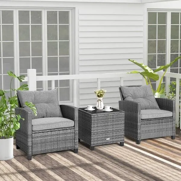3PCS Patio Rattan Furniture Bistro Set Cushioned Sofas Side Table