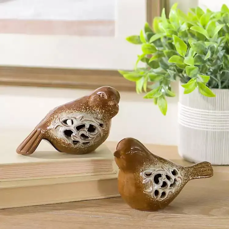 Distressed Brown Ceramic Bird Figurines, Set of 2