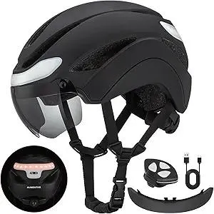AUMENATR Adult Bike Helmet with USB Rechargeable LED Front & Rear LED Light Mountain Road Cycling Helmets for Men Women Bicycle Helmet Removable Goggles