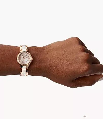 Virginia Three-Hand Day-Date Rose Gold-Tone and Horn Acetate Stainless Steel Watch