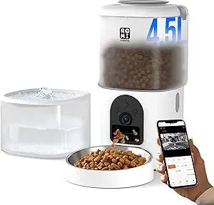 Romiromi Automatic Cat Feeder with Camera and Water Fountain 1080P HD Video 2.4G&5G WiFi Timed Auto Feeder with APP Control,Multiple Cats, Detachable for Easy Clean-White