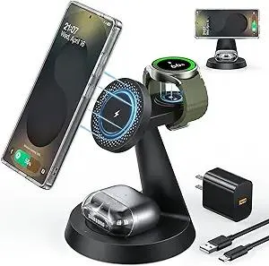 Magnetic Wireless Charger for Samsung, 3 in 1 Charging Station Compatible with MagSafe Samsung Charger for Galaxy S25 Ultra S24 Z Fold7/Flip7, Watch Charger Stand for Galaxy Watch Ultra 8 7, for Buds
