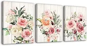 Pink Flower Home Decor Bathroom Wall Art Canvas Framed Wall Art for Girls Bedroom Bathroom Pictures Wood Grain Kitchen Modern Wall Decor Colorful Artwork for Walls Decoration Size 12x16 Each Panel
