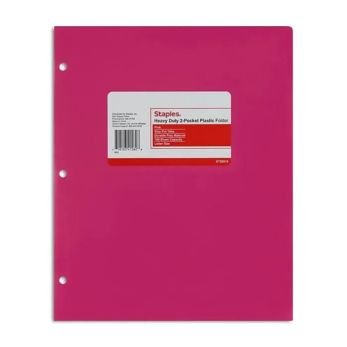 Staples 3-Hole Punched 2-Pocket Plastic Portfolio Folder,