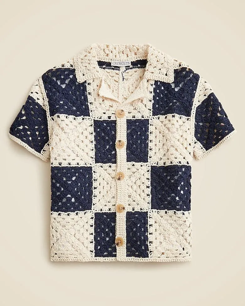Kids' short-sleeve checker crochet camp shirt