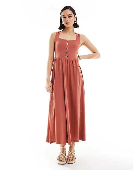 ASOS DESIGN square neck midi sundress with button detail in terracotta