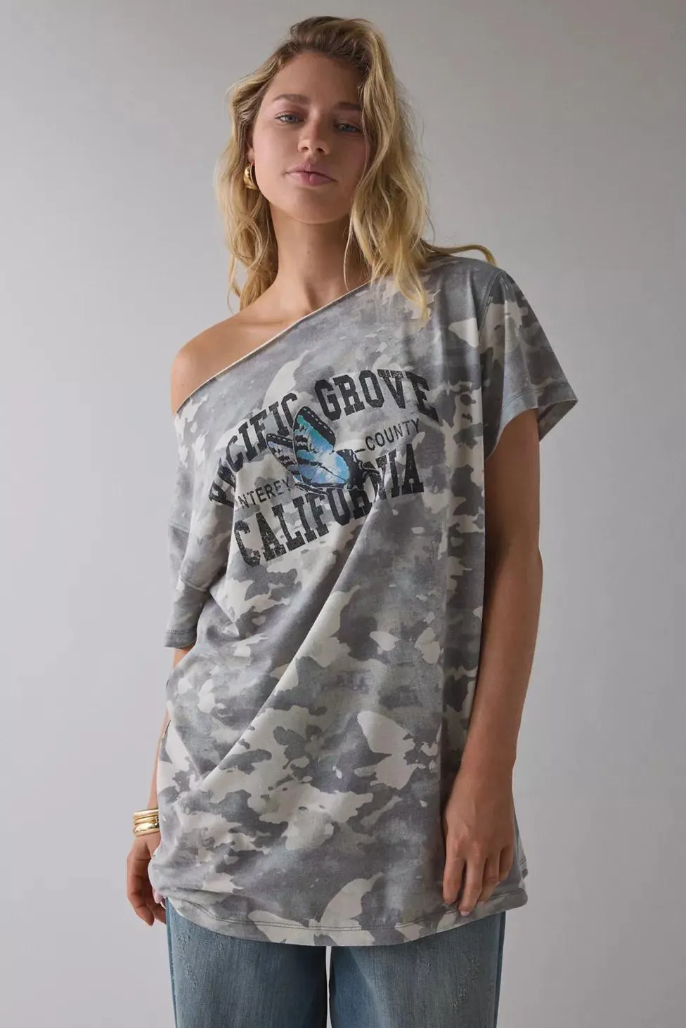 Graphic Slouchy Off-The-Shoulder T-Shirt Dress
