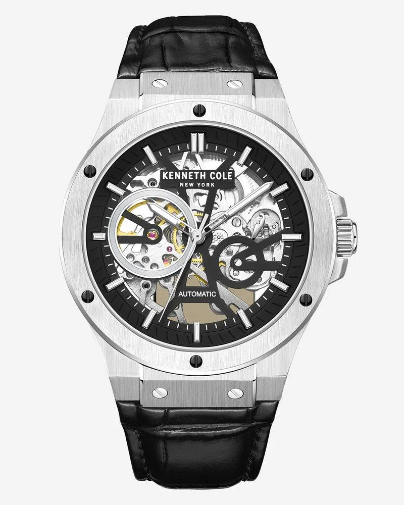 Kenneth Cole Automatic Stainless Steel Watch with Black Leather Strap