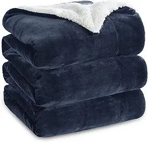 Bedsure GentleSoft Sherpa Fleece Blankets Queen Size for Bed - Thick and Warm Throw for Women and Men, Soft Fuzzy Plush Queen Blanket for Winter, Navy, 90x90 Inches