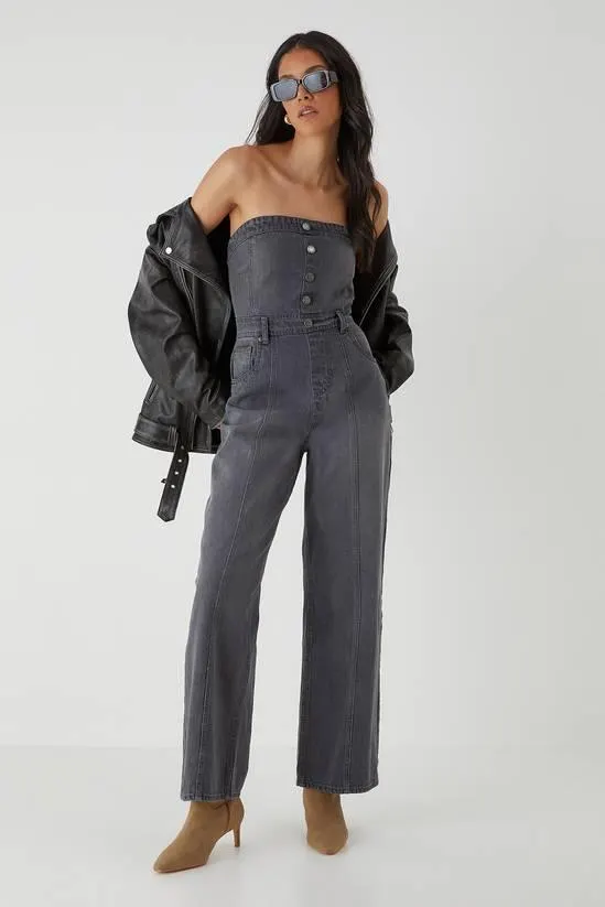 Denim Button Front Bandeau Jumpsuit