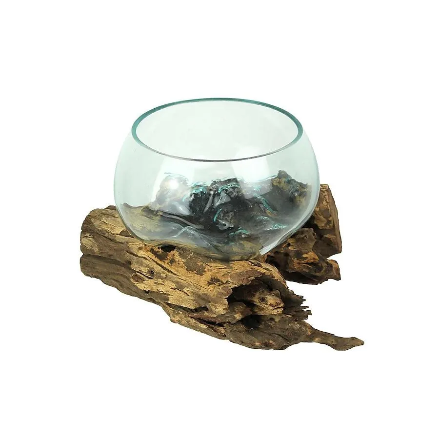 Things2Die4 Melted Glass and Teak Driftwood Centerpiece Display - Boho Decor- Versatile Accent Piece - Unique 18.5-Inch Decorative Glass Bowl on Natural Wood Base