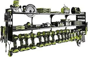 64" Power Tool Organizer Wall Mount, 16 Slots, 3-Tier Drill & Cordless Tool Storage Holder with Pegboard Sides, Tool Wall Organizer for Garage & Workshop Black