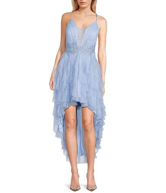 Spaghetti Strap Hi-Low Embroidered Applique Dress