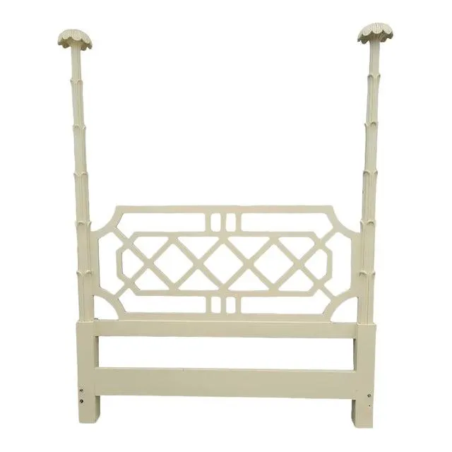 Vintage Palm Beach Regency Cream Lacquered Serge Roche Style Fretwork Palm Tree Pole Full Size Headboard