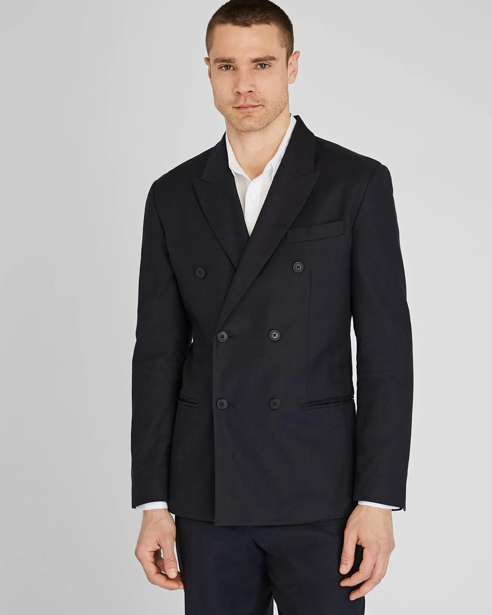 Deconstructed Linen Blend Double-Breasted Suit Jacket