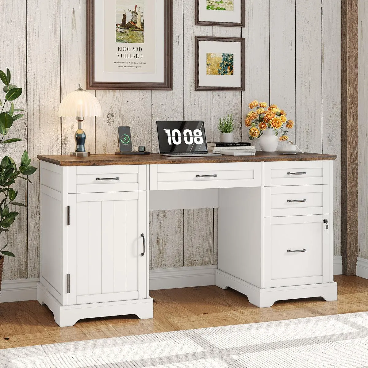 Clabe 55'' Farmhouse Executive Desk with Drawers, File Cabinet and Power Outlets