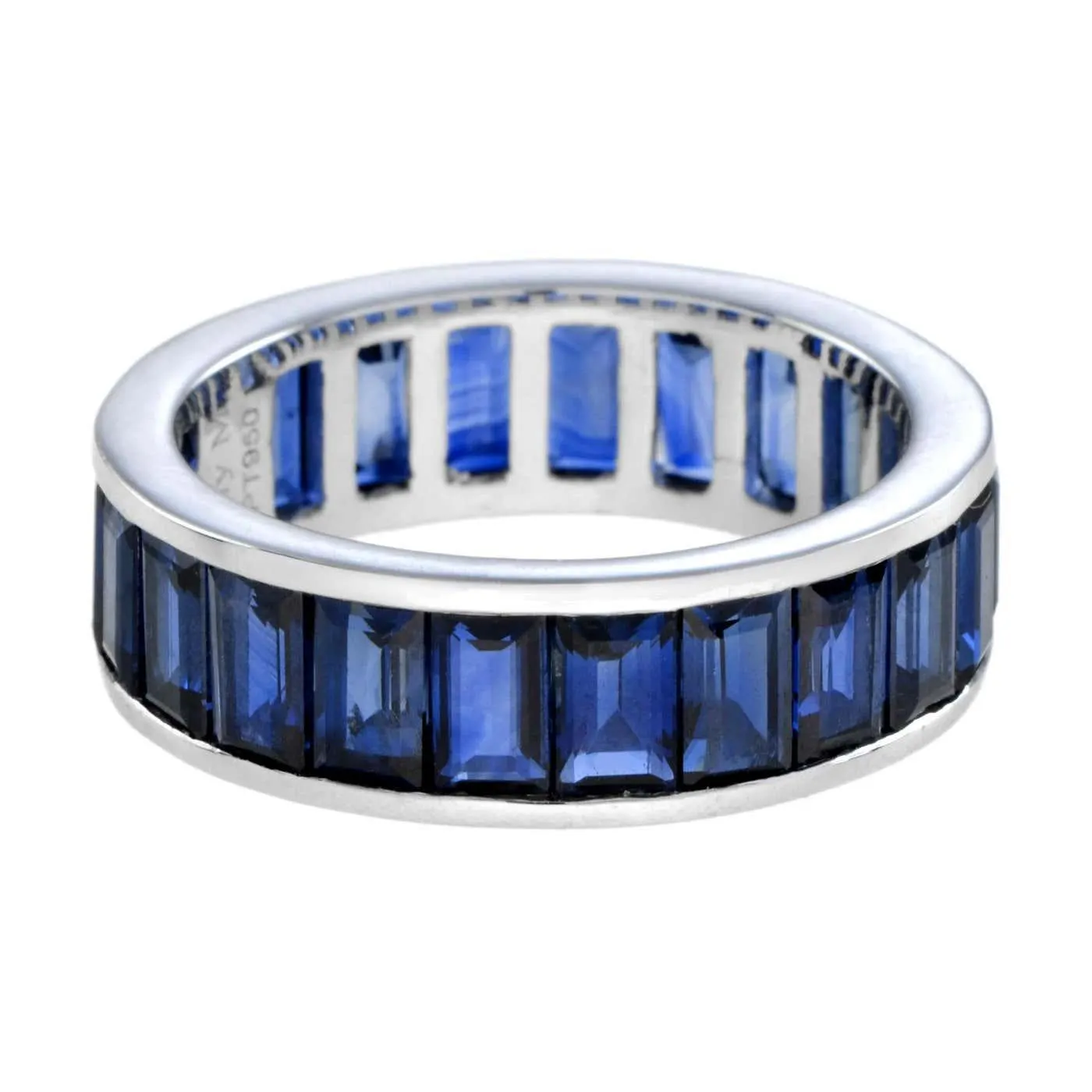 Seamless Baguette Blue Sapphire Unisex Eternity Band Ring in 18K White Gold