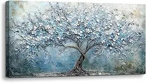 crmotu Tree of Life Large Wall Art for Living Room, Cherry Blossom Tree Abstract Art Prints Canvas Pictures, Modern Blue White Aesthetic Painting Bedroom Bathroom Home Office Wall Decor 30"X60"