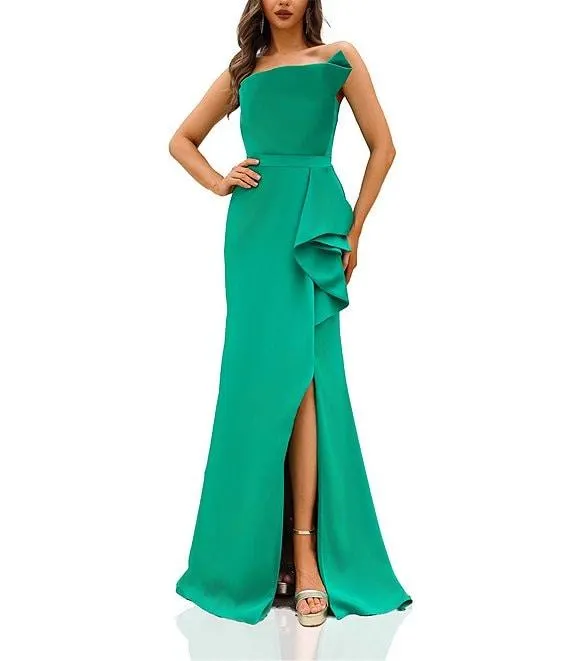 Strapless 3D Ruffle Front Slit Crepe Sheath Gown