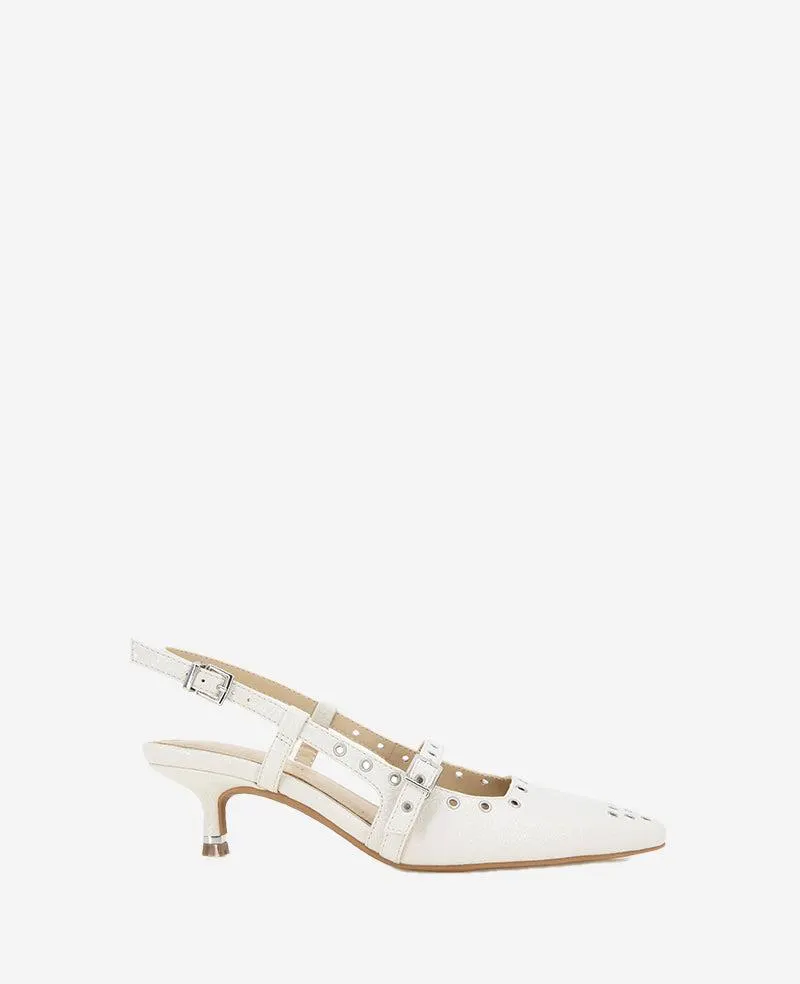 Martha Patent Eyelet Slingback Kitten Heel - Ecru Patent
