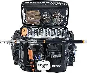 Goture Large Tackle Bag,Store Up to 8PCS 3700 Plus 4PCS 3600 Tackle Trays(Not Included),Water Resistant Saltwater Gear Storage Big Fishing Bag with EVA Bottom,Gifts for Men(21.65"x11.8"x15.16")-Camo