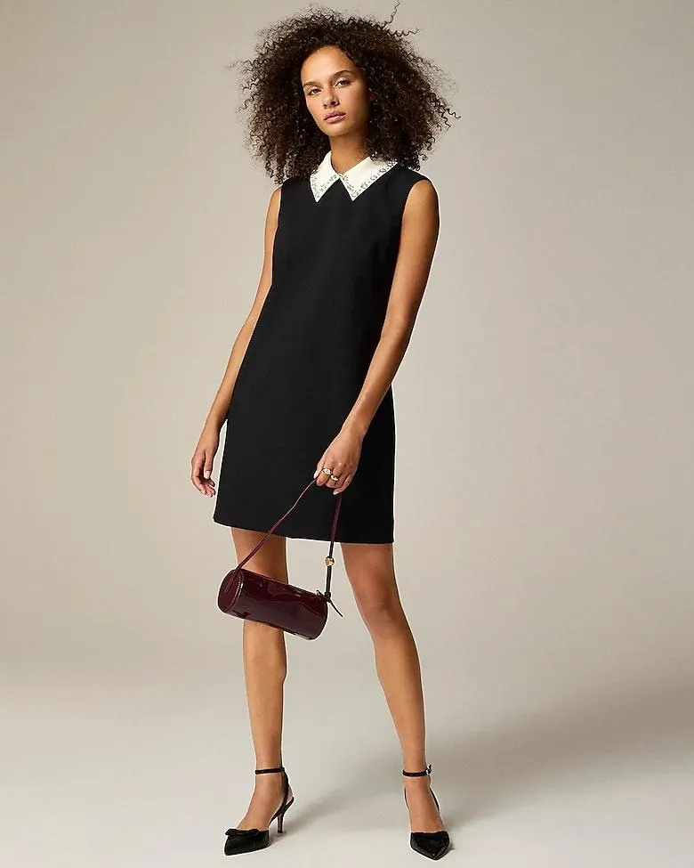 Embellished collared shift dress in stretch crepe