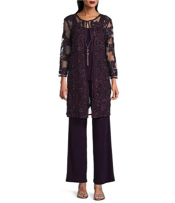 3/4 Sleeve Crew Neck Embroidered Soutache 3-Piece Pant Set