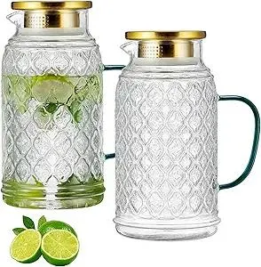 Glass Pitcher with Lid, 2 PACK 68 oz/2 Liter Vintage Water Pitcher, Clear Borosilicate Glass Water Carafe for Cold Brew, Coffee, Lemonade, Iced Sun Tea,Beverage, Milk, Heat Resistant